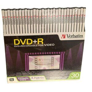 Verbatim DVD+R 4.7GB 120-Min Video Recording Discs 30-Pack Slim Cases